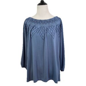 Cupio Women's Blouse Top M 3/4 Sleeve Smocked Neckline Diamond Embroidery